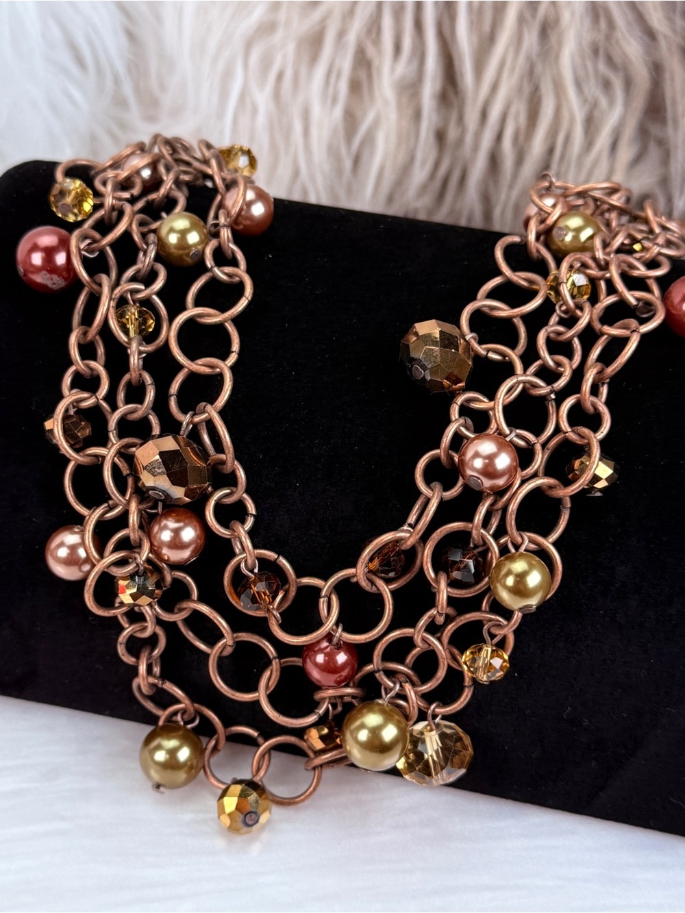 Vintage coppertone beaded, three strand weighted chain statement necklace